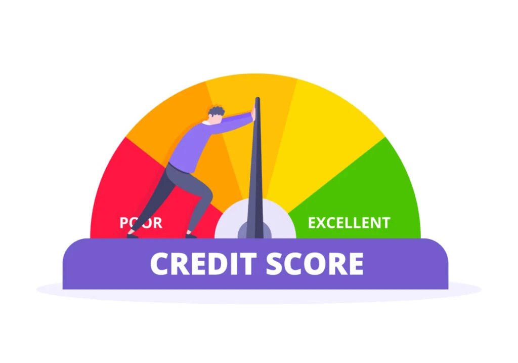 A credit score scale, man pushing lever toward excellent