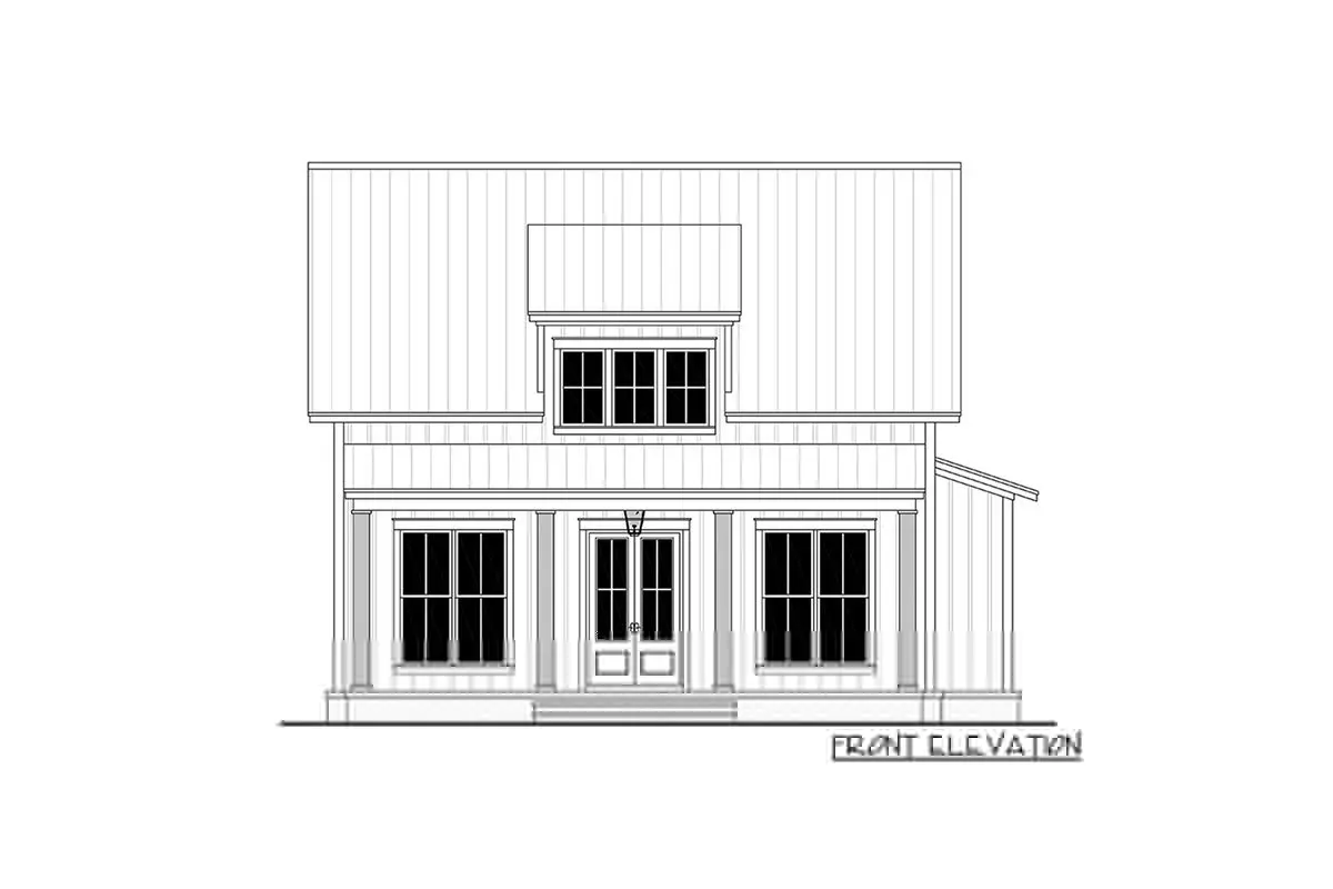 Front elevation drawing of the single-story, two-bedroom cottage home.