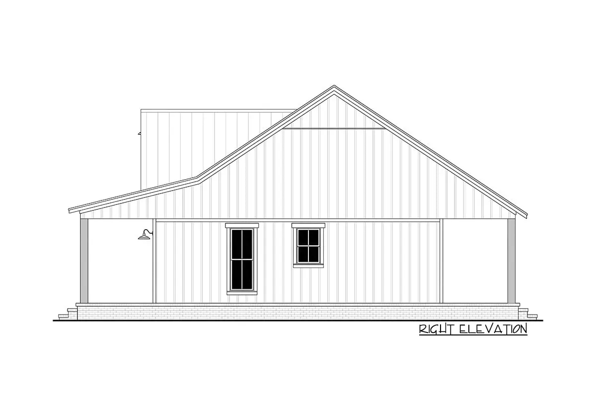 Right elevation sketch of the single-story 2-bedroom modern farmhouse.