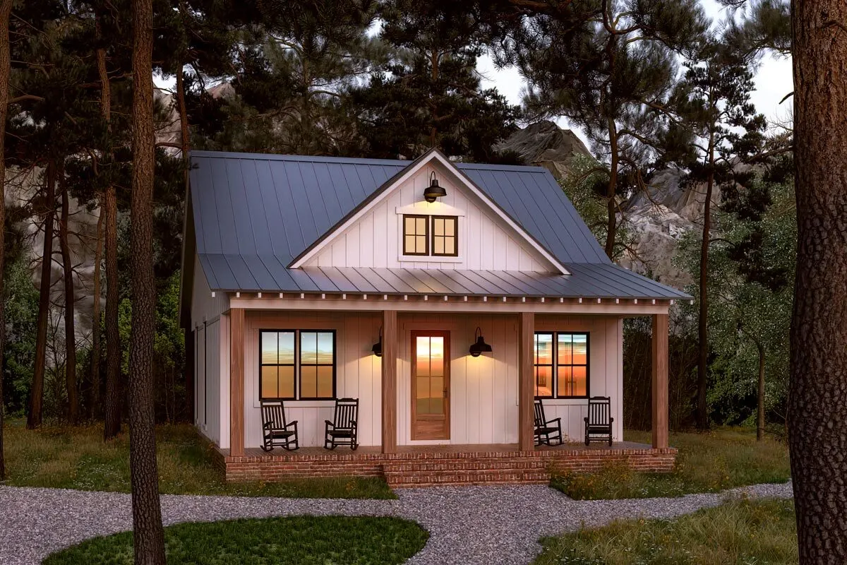 A cottage farmhouse illustration with a vibrant wooden hue on the porch area.