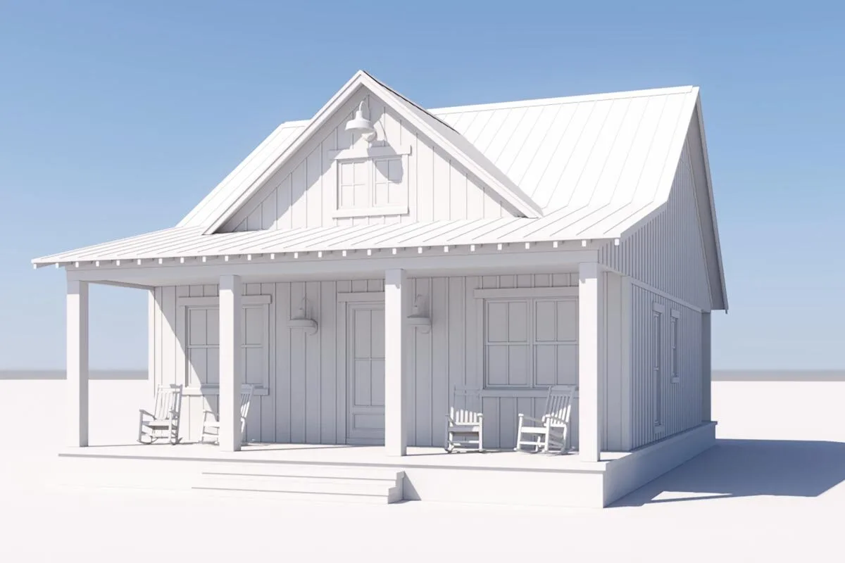 An architectural rendering showing the front of the cottage home.
