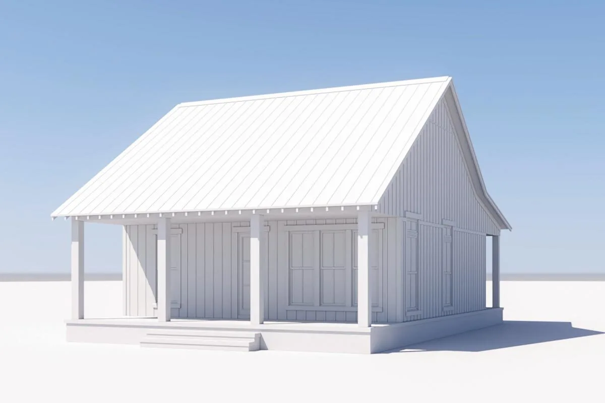An architectural rendering showing the back of the cottage home.