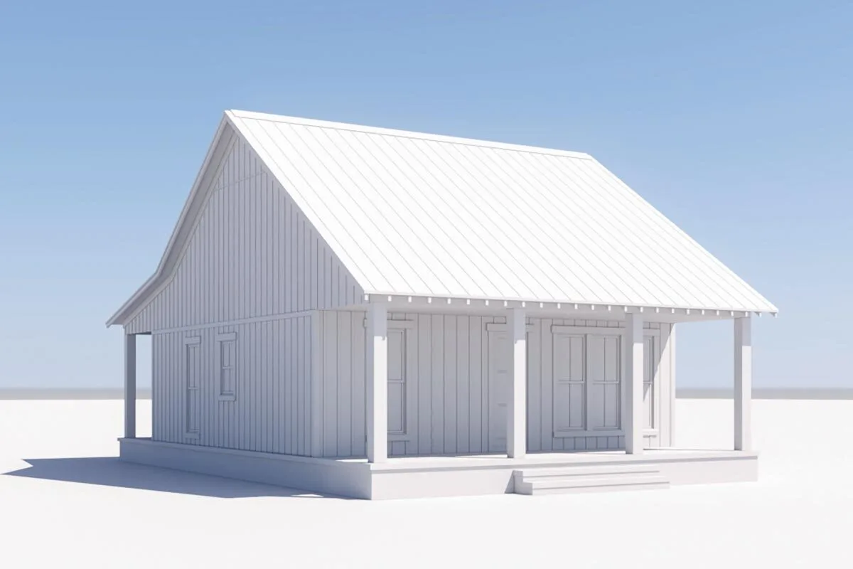 An architectural rendering showing the rear-left of the cottage home.