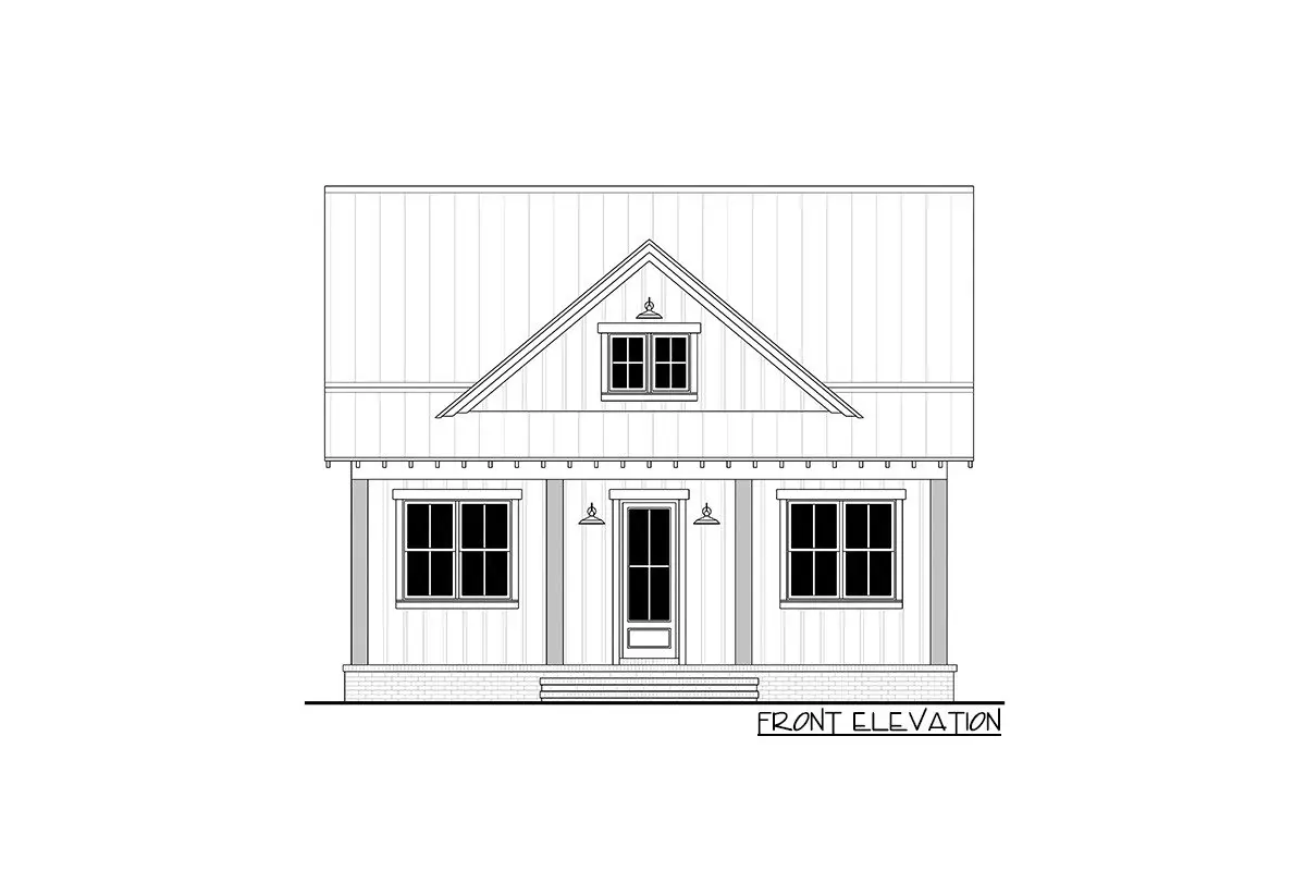 Front elevation sketch of the single-story 2-bedroom modern farmhouse.