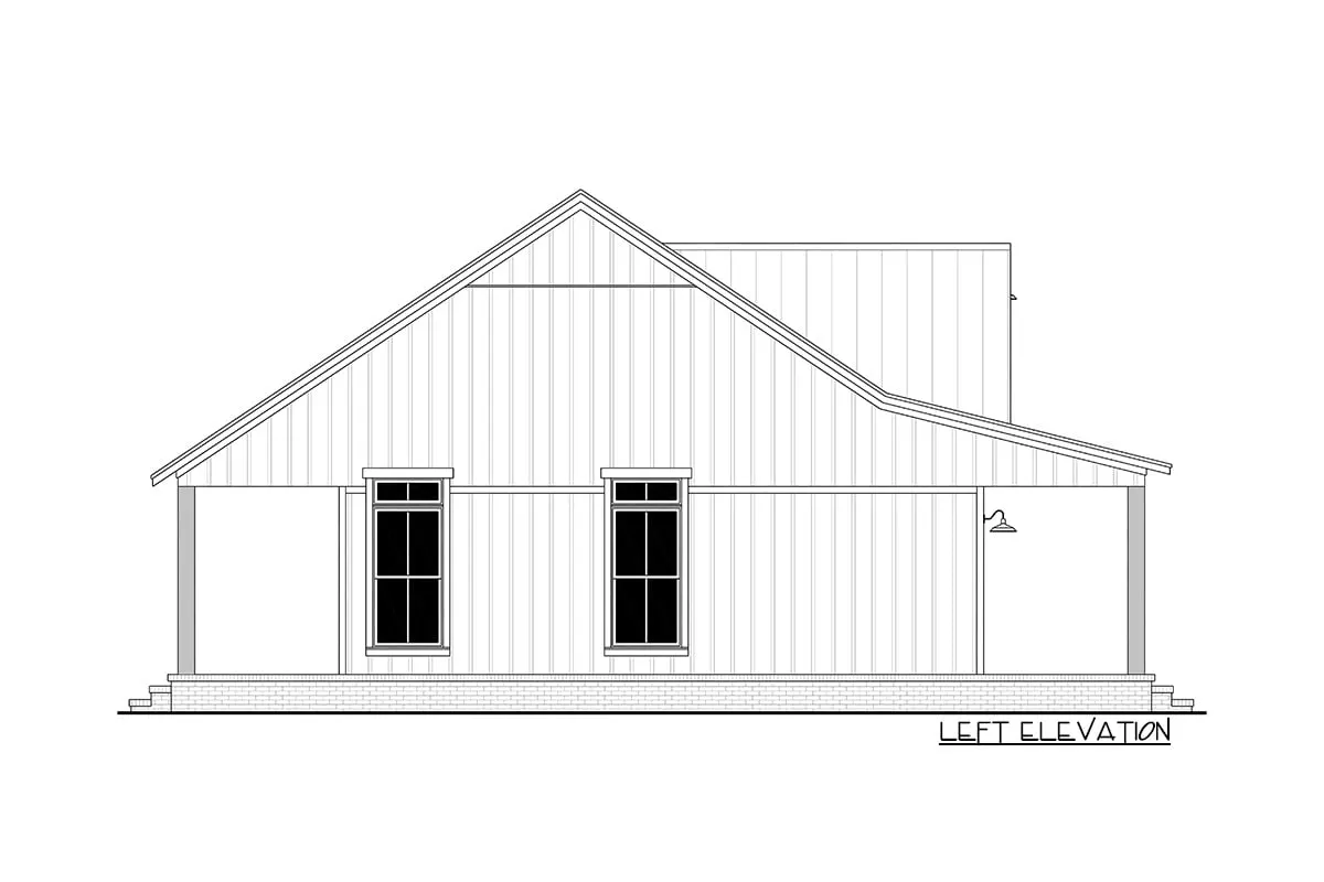 Left elevation sketch of the single-story 2-bedroom modern farmhouse.