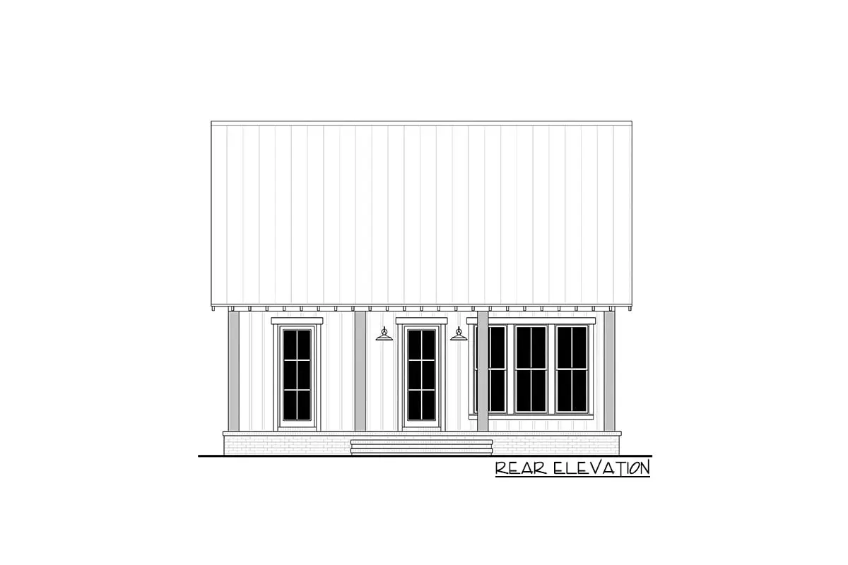 Rear elevation sketch of the single-story 2-bedroom modern farmhouse.