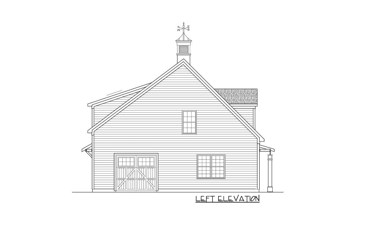 The left elevation drawing of the two-story, two-bedroom country garage apartment.