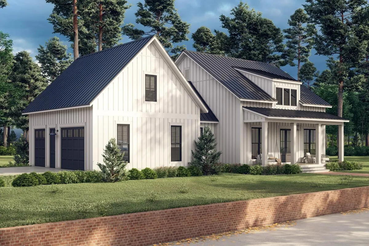 Front-left view of the farmhouse where the garage is located.