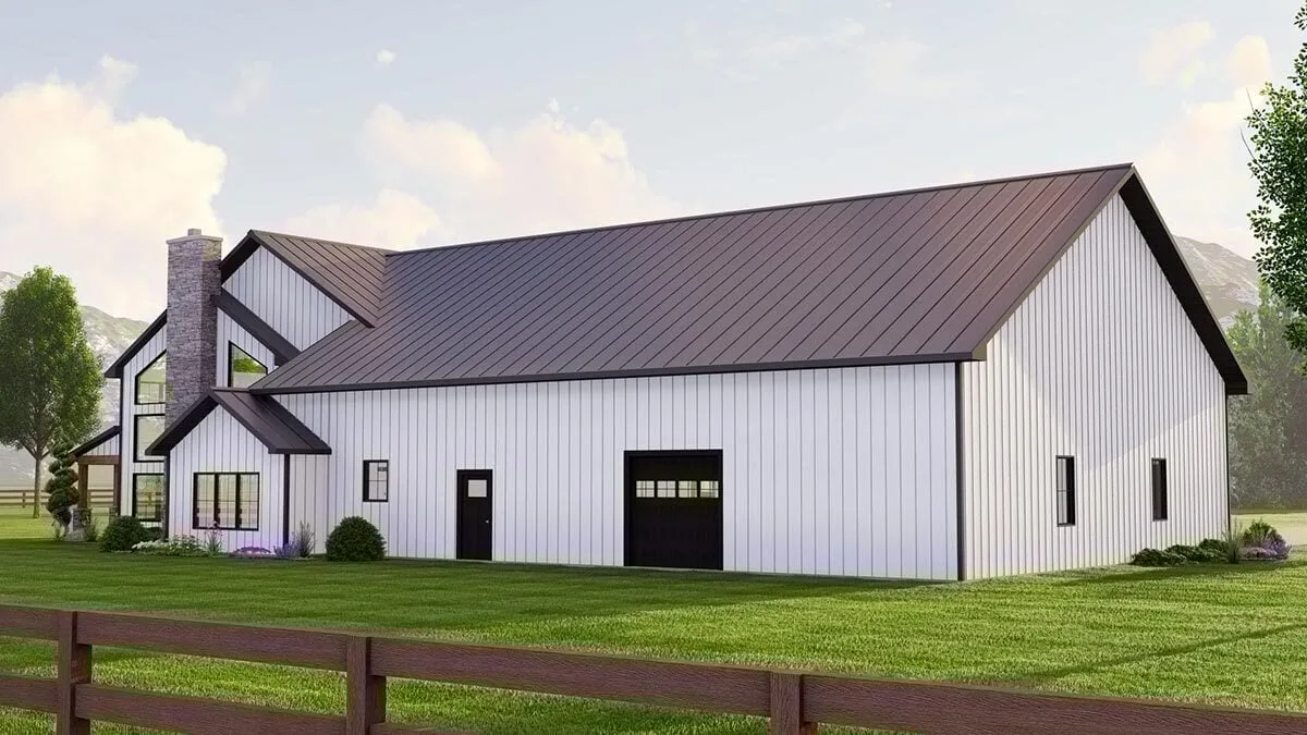 The farmhouse's backside, revealing the modern home's eye-catching style and polished façade.