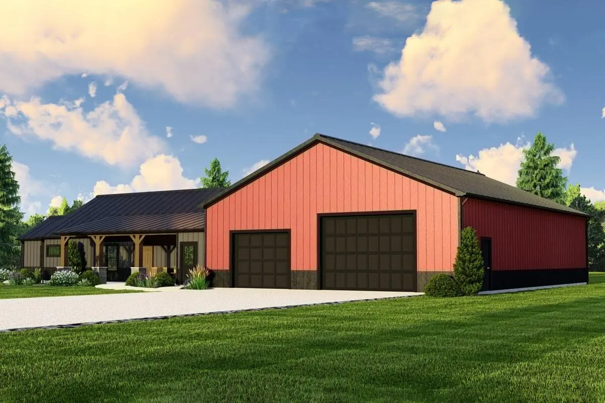 View from the wide-open yard, the massive garage, and the covered porch with wooden accents.