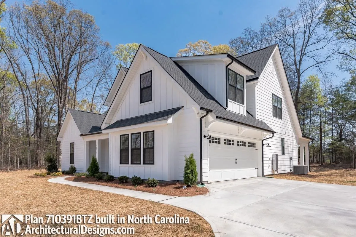 The garage is located on the house's right side.