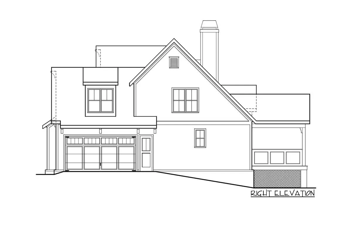 Sketch of the two-story, three-bedroom modern farmhouse from the right elevation.