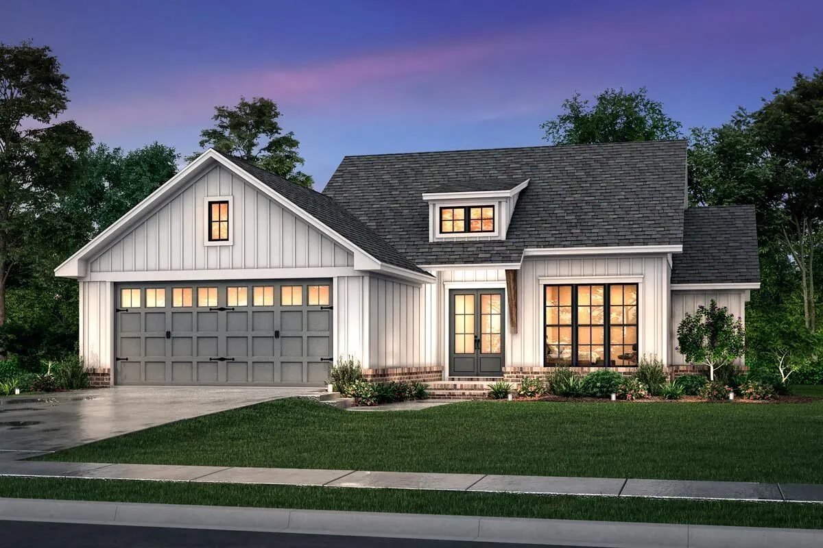 An accessible front garage door that matches the color of the main entrance.