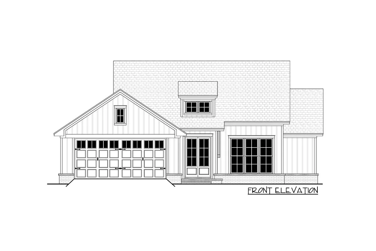 The design shows the single-story, three-bedroom New American farmhouse's front elevation.