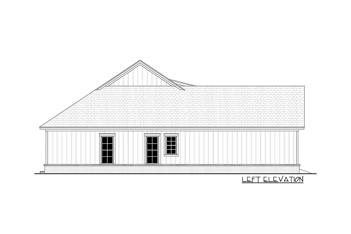 The design shows the single-story, three-bedroom New American farmhouse's left elevation.
