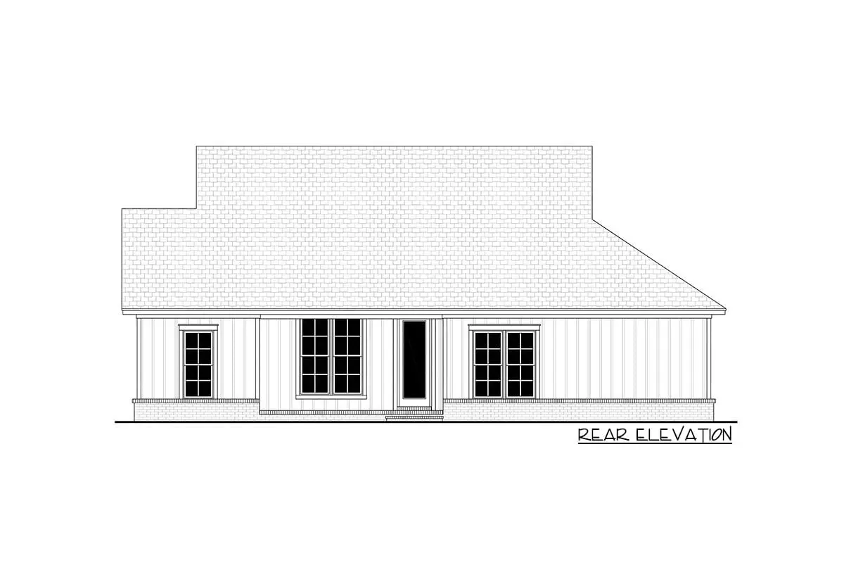 The design shows the single-story, three-bedroom New American farmhouse's rear elevation.
