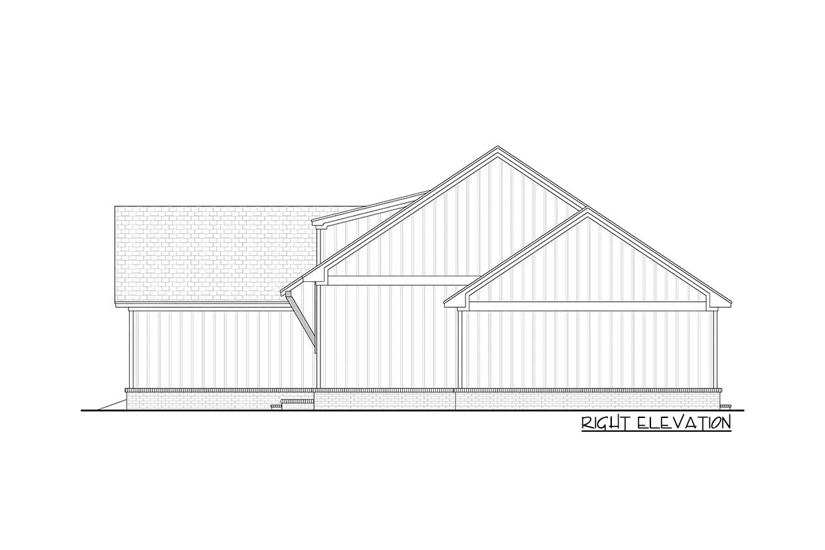 The design shows the single-story, three-bedroom New American farmhouse's right elevation.