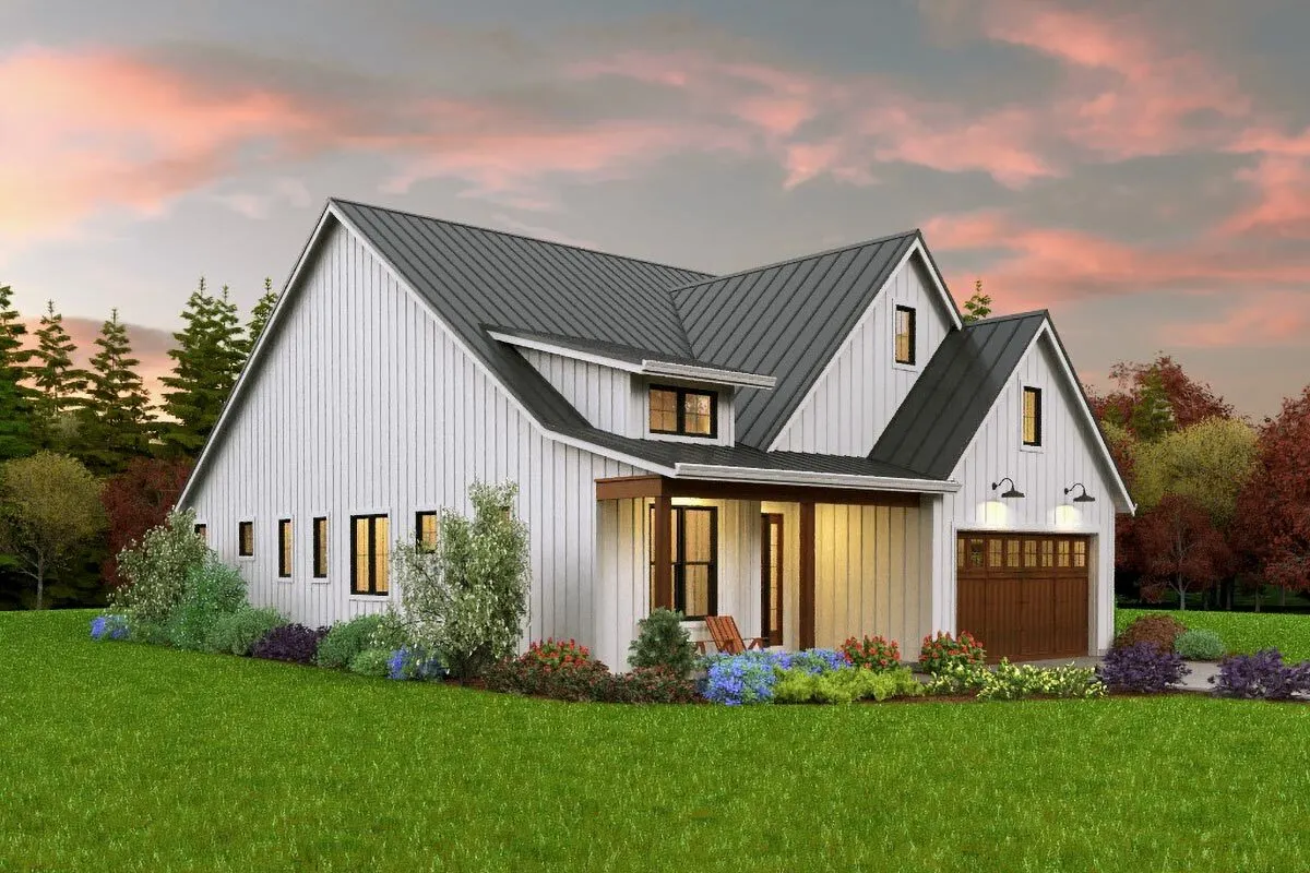 An expansive grassy yard surrounds the house in the left-front view.