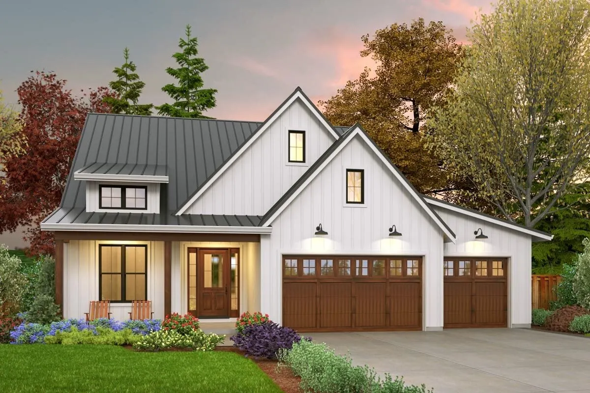 A front area view with a wooden accent and a three door garage space.