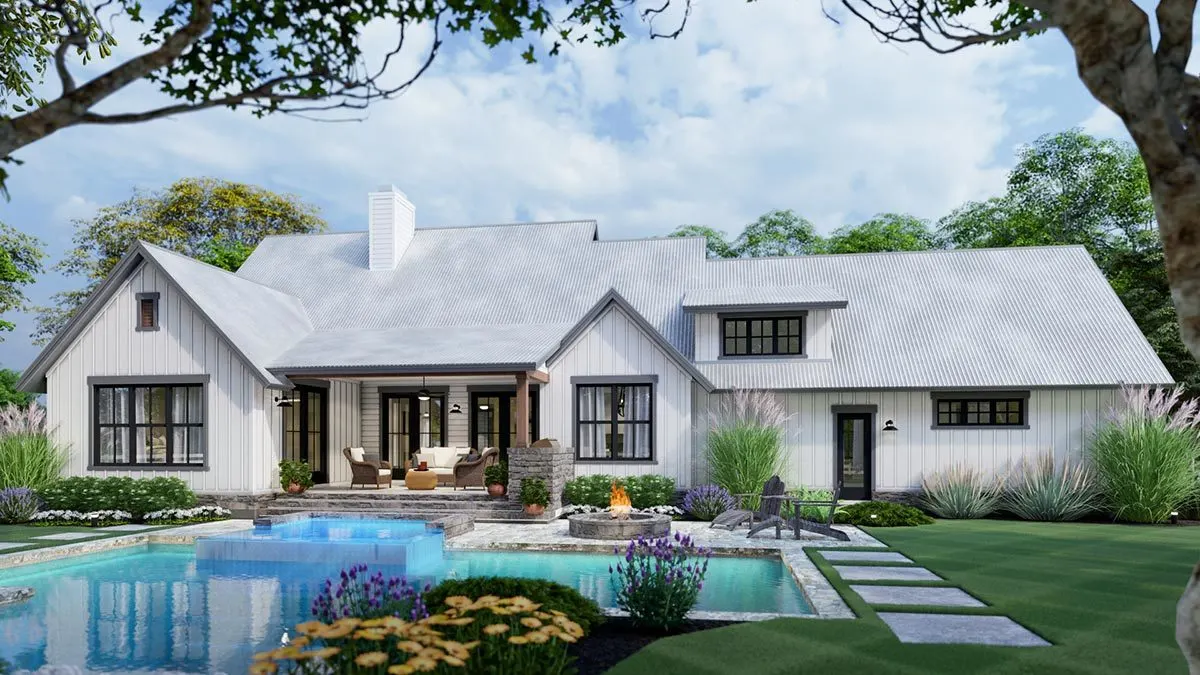 The farmhouse has a large backyard and a <a href=