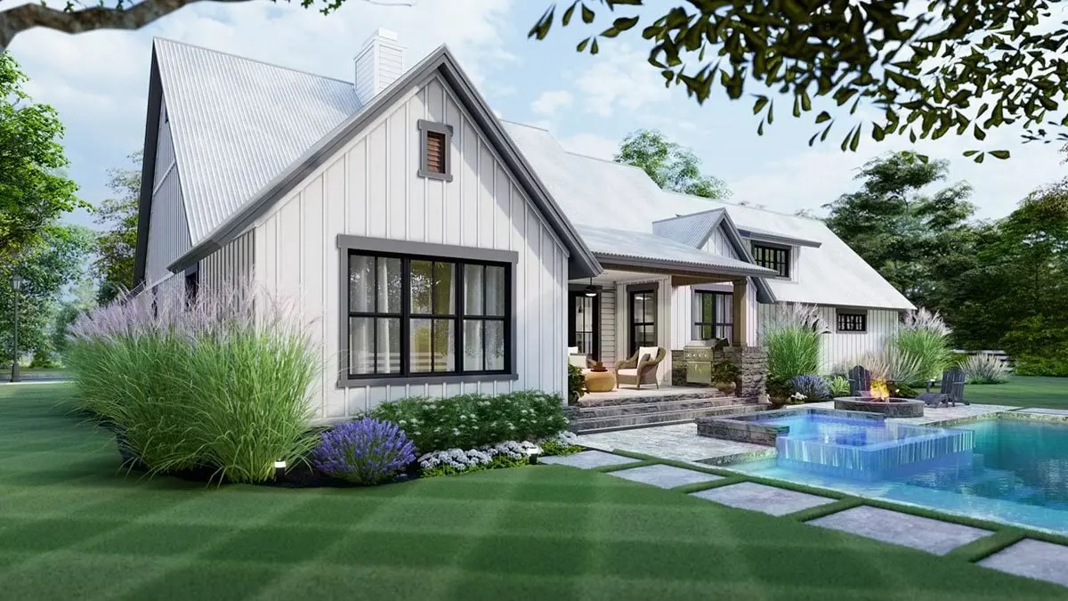 The master bedroom is located next to the backyard pool.
