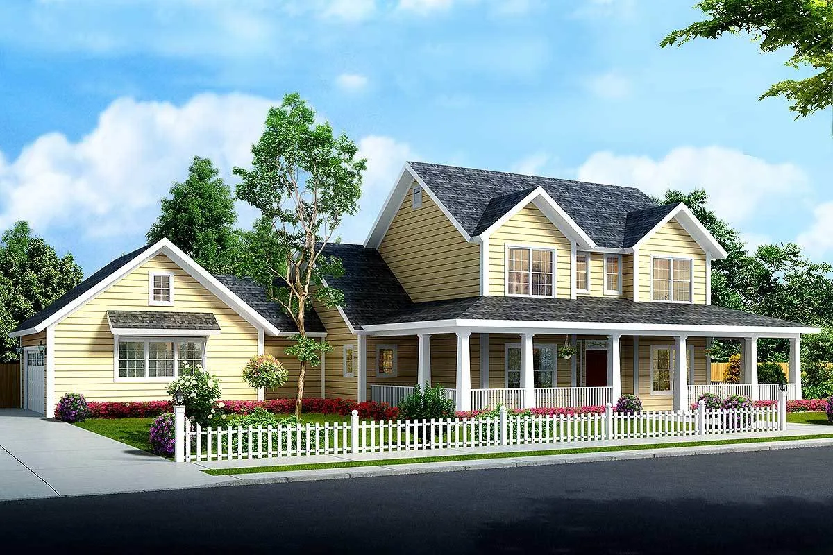 A visually appealing rendering of a country farmhouse.