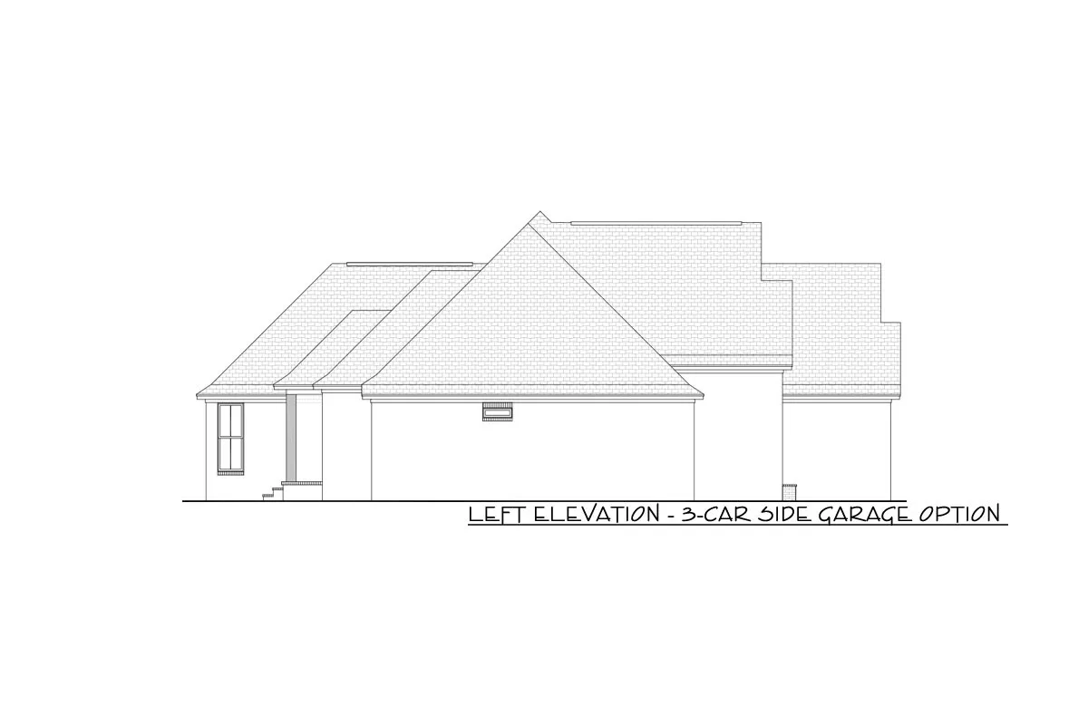 Left elevation- 3-car side garage option sketch of the single-story 4-bedroom Southern style house.