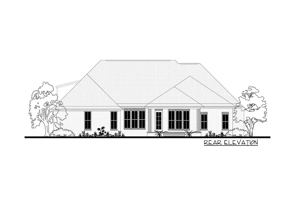 Rear elevation sketch of the single-story 4-bedroom Southern style house.
