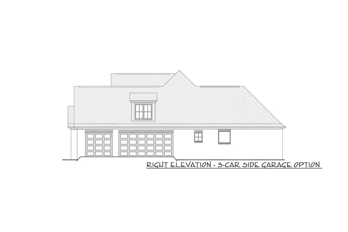 Right elevation- 3-car side garage option sketch of the single-story 4-bedroom Southern style house.