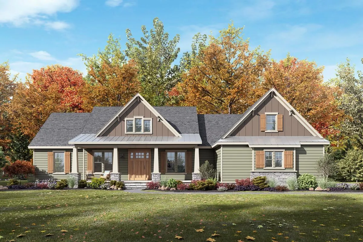 The exterior of a craftsman's house with a rustic and green shade color combination looks beautiful.