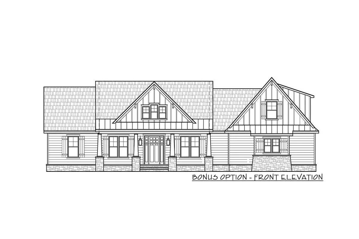 Bonus option-front elevation sketch of the single-story 4-bedroom craftsman farmhouse.