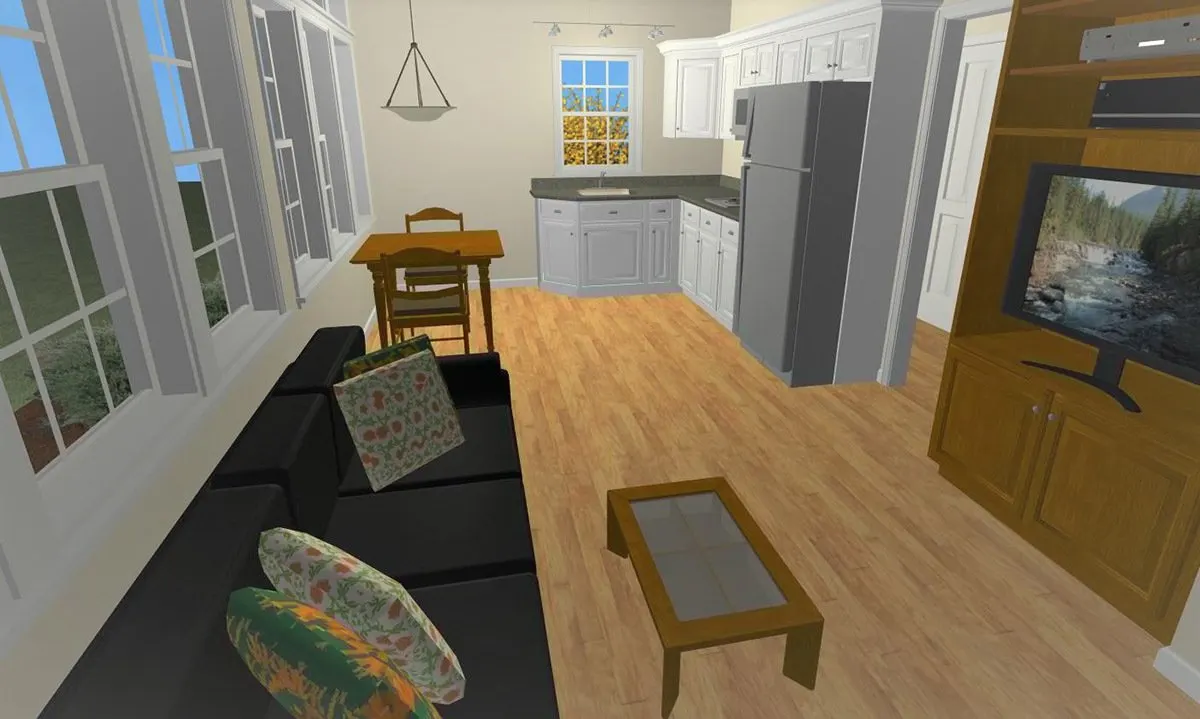 The use of a wooden floor makes a small living room and kitchen appear more practical.