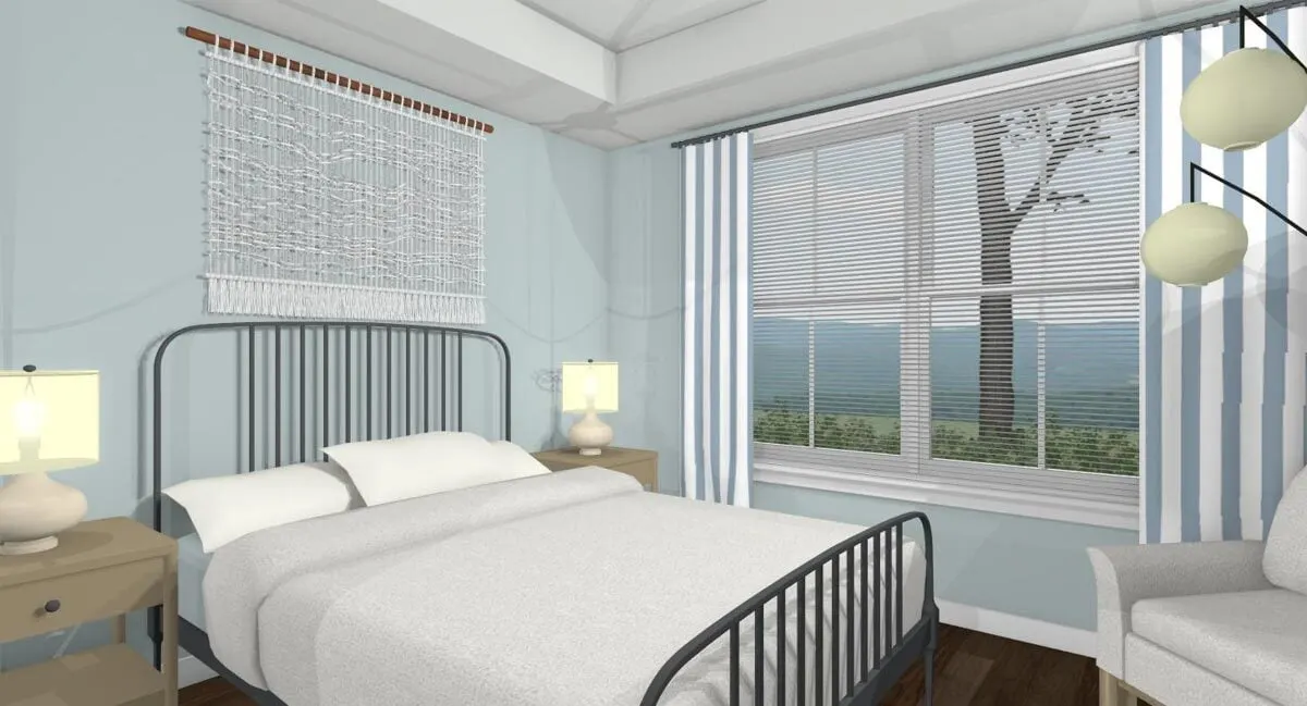 Blind curtains are also used to provide seclusion in the bedroom.