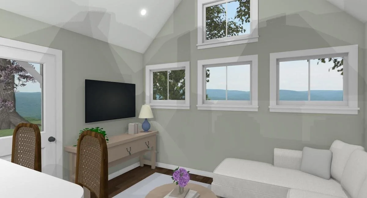 The glass window creates more space in the living room.