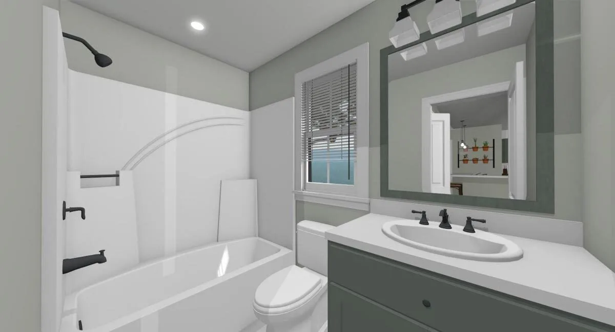 The bathroom space, which includes all amenities, is stylish.