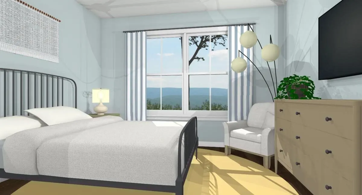 A minimalistic bedroom view with a lovely perspective of the outside.