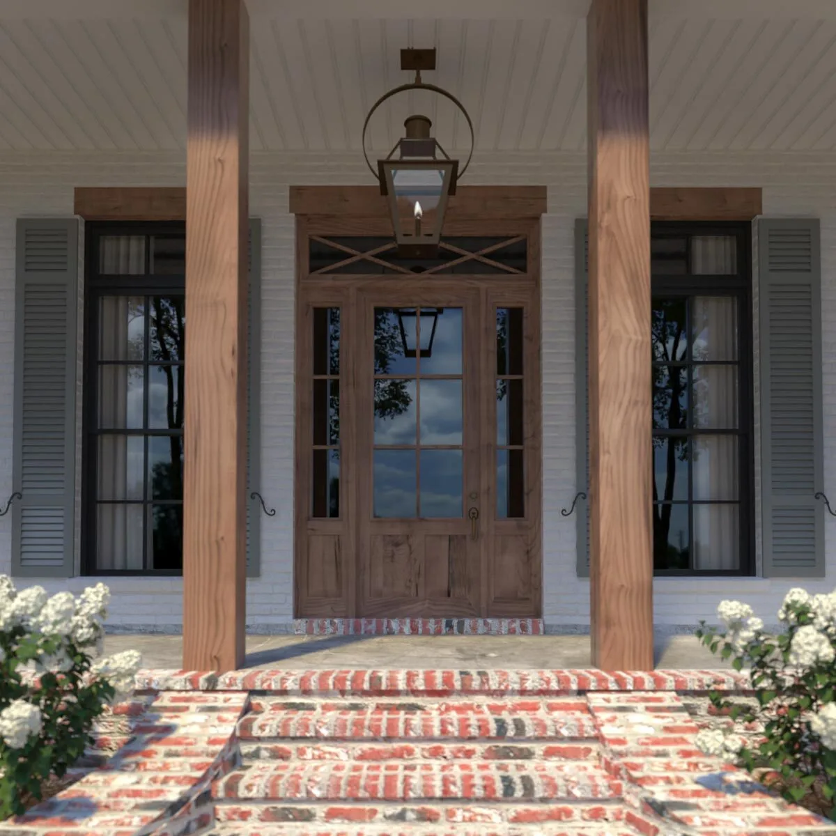 French doors with vertical panes in a black frame and gray shutters look lovely at the front entry.