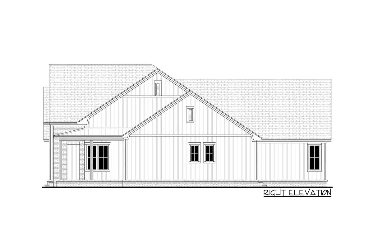 Sketch of the modern farmhouse's single-story, three-bedroom right elevation.