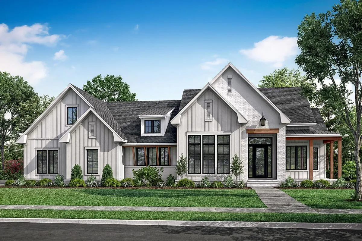 The facade of the modern farmhouse and the usage of glass doors and windows look wonderful throughout the day.
