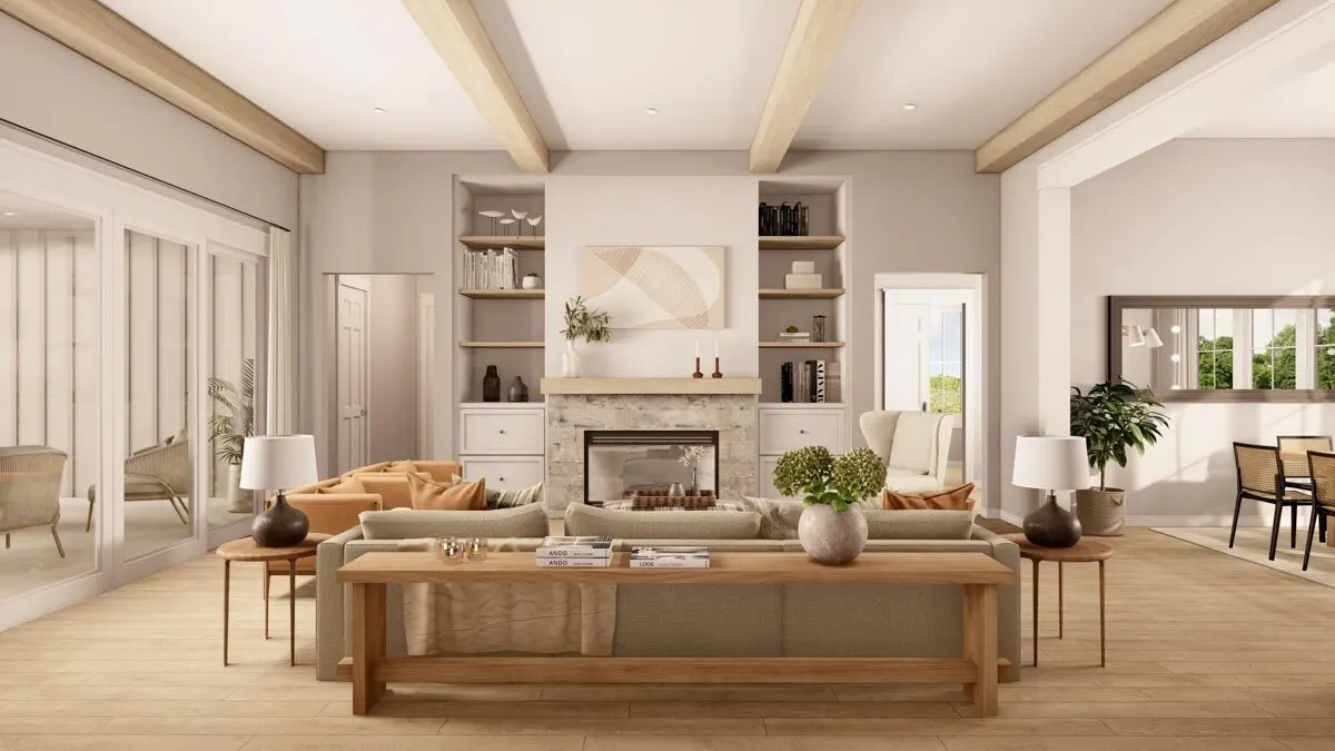 View of the living area, which features a beautiful fireplace in the middle.