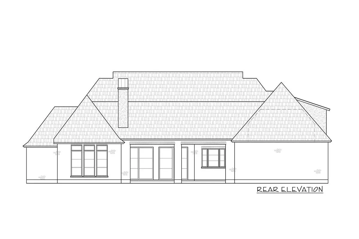 Rear elevation sketch of the single-story 4-bedroom attractive transitional house.