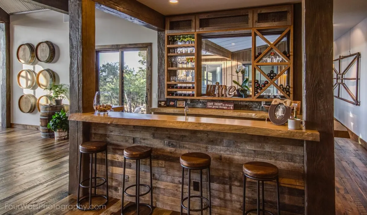 The traditional wooden kitchen bar island.
