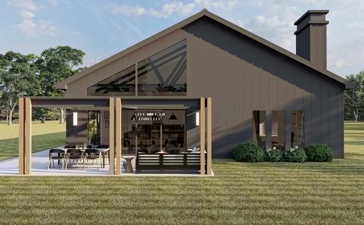 This picture shows the front of the barndominium, where the main outdoor living area is located.