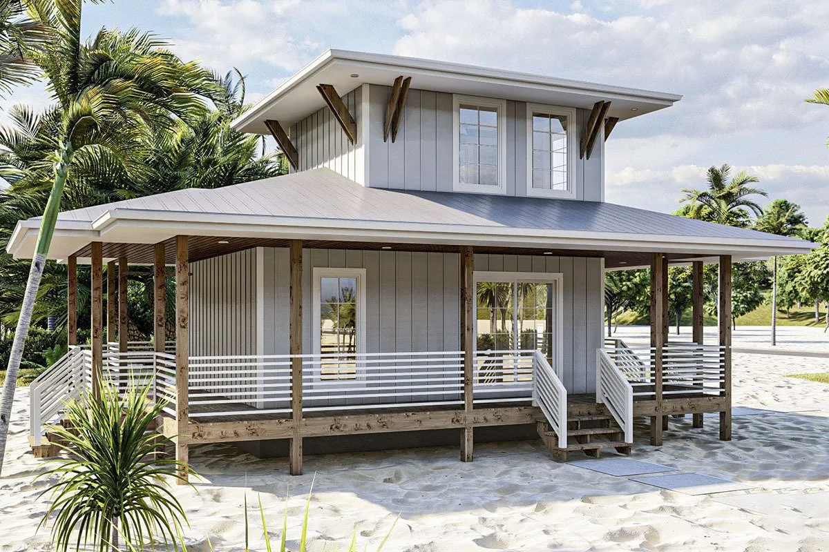 The side view of the beach house complements the glass window perfectly.