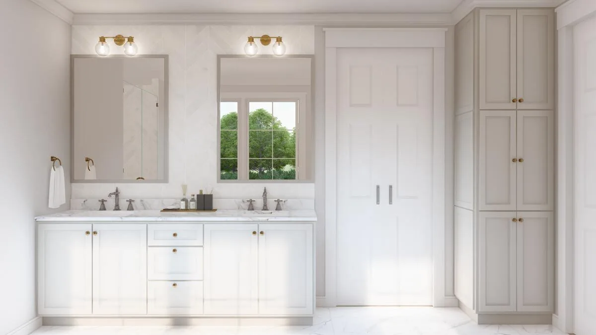 Cabinets and drawers appear to be efficient for extra storage in a minimalist look.