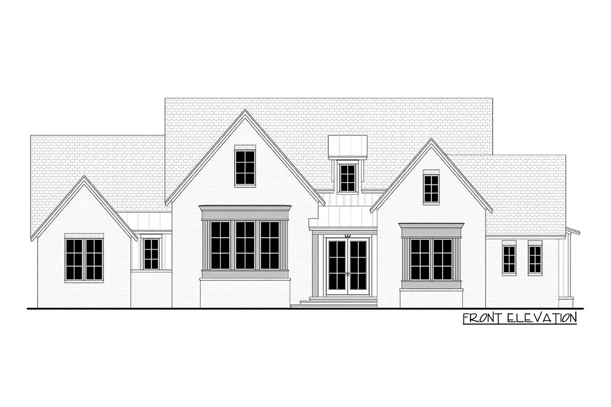 The front elevation of the single-story 3-bedroom transitional house is sketched.