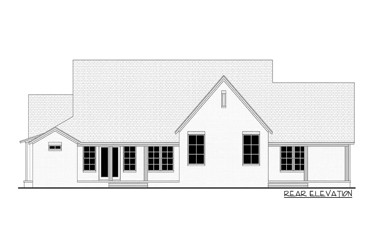 The rear elevation of the single-story 3-bedroom transitional house is sketched.