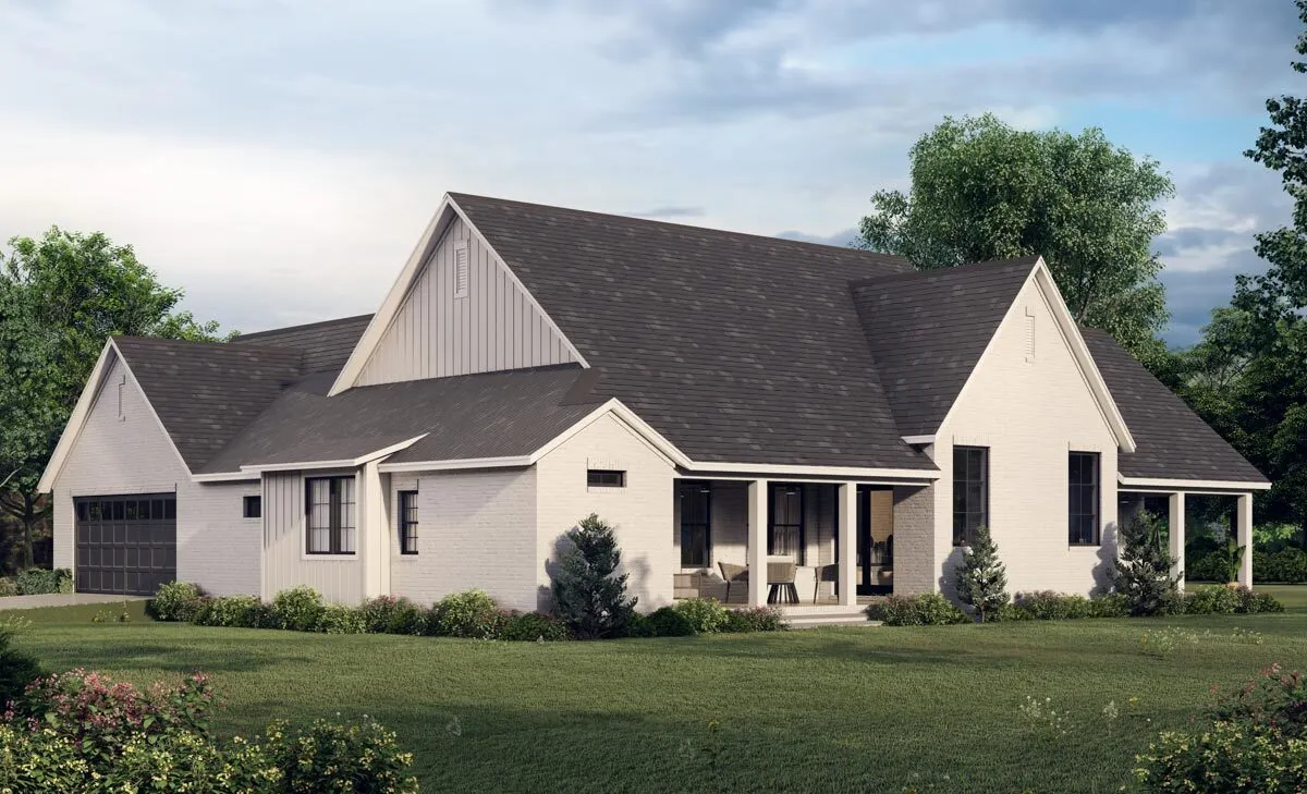 The house's rear right side, with two porches and the garage area in gray door color.