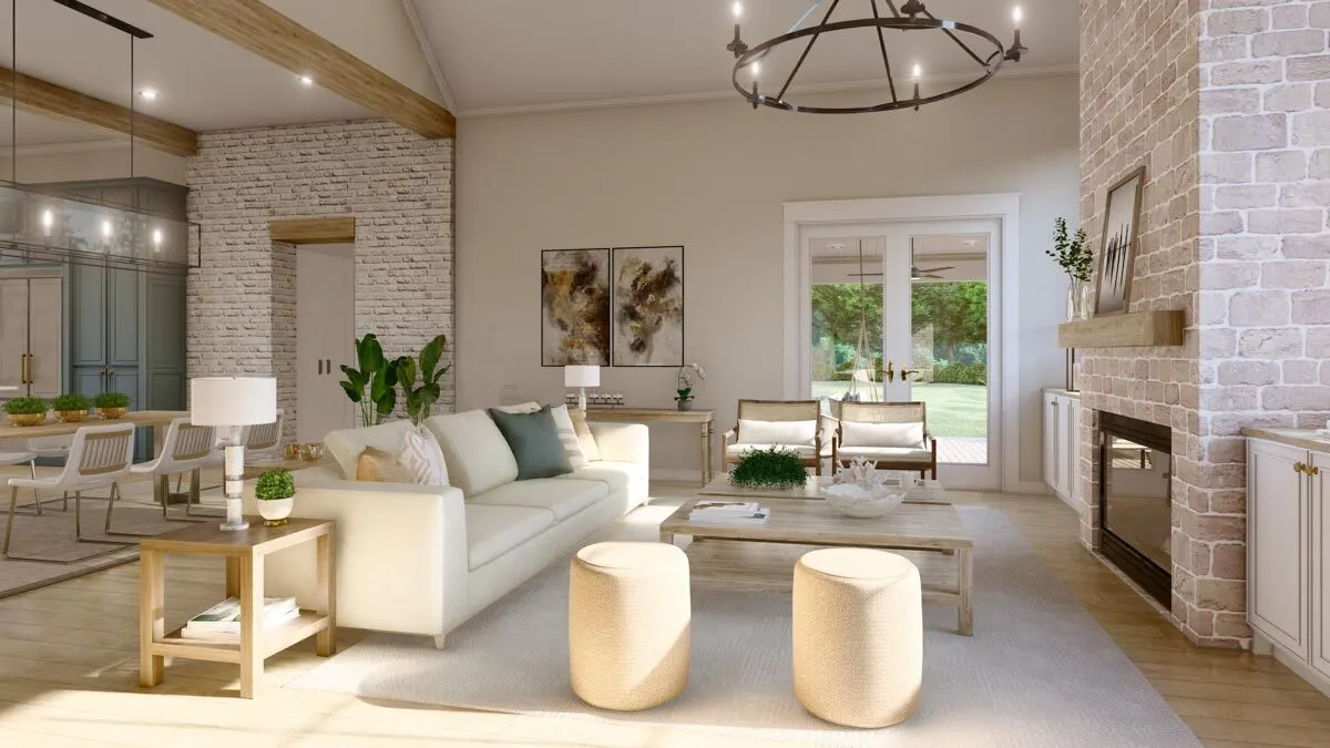The living room space is decorated and furnished in a cozy style.