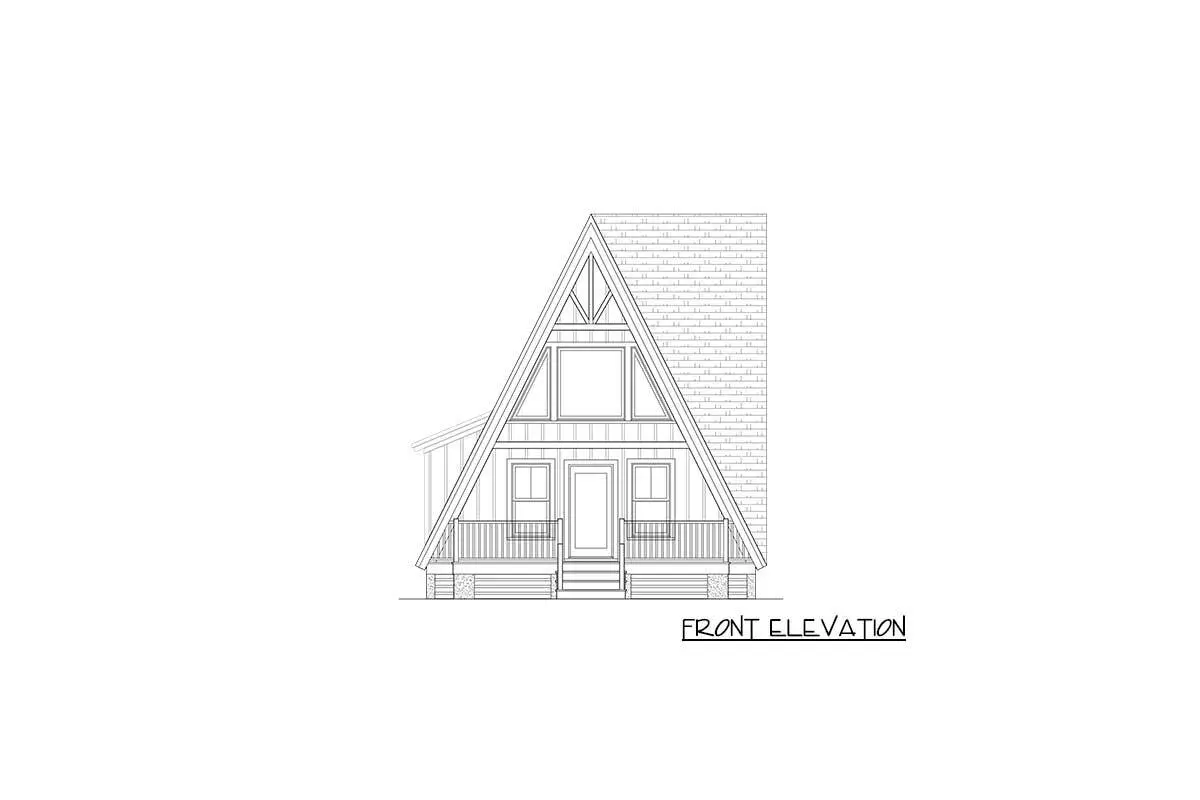 Front elevation sketch of the two-story 3-bedroom contemporary A-frame house.